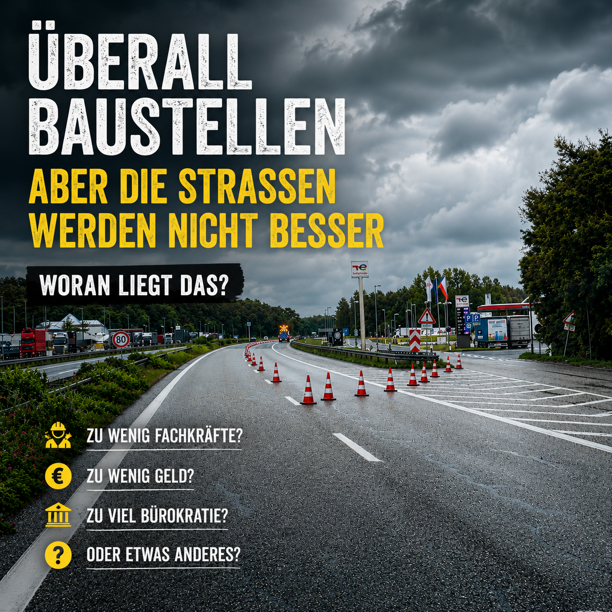 Straßenbaustelle mit Baumaschinen und gesperrter Fahrbahn auf einer deutschen Bundesstraße