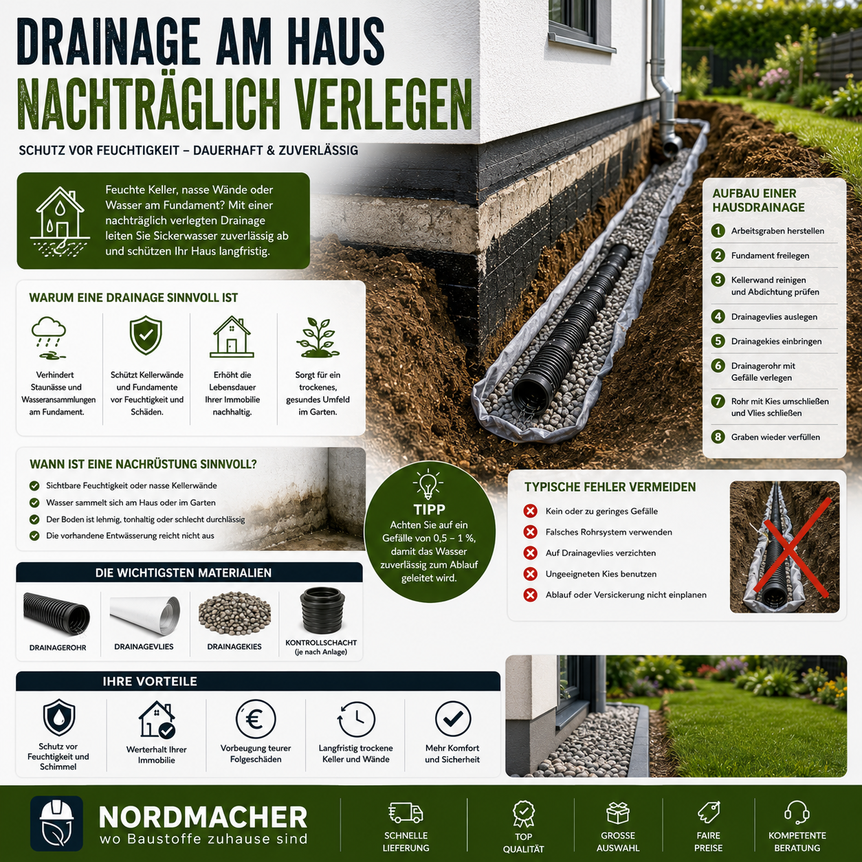 Nachträglicher Einbau einer Hausdrainage entlang eines Fundaments mit Drainagerohr, Kies und Drainagevlies