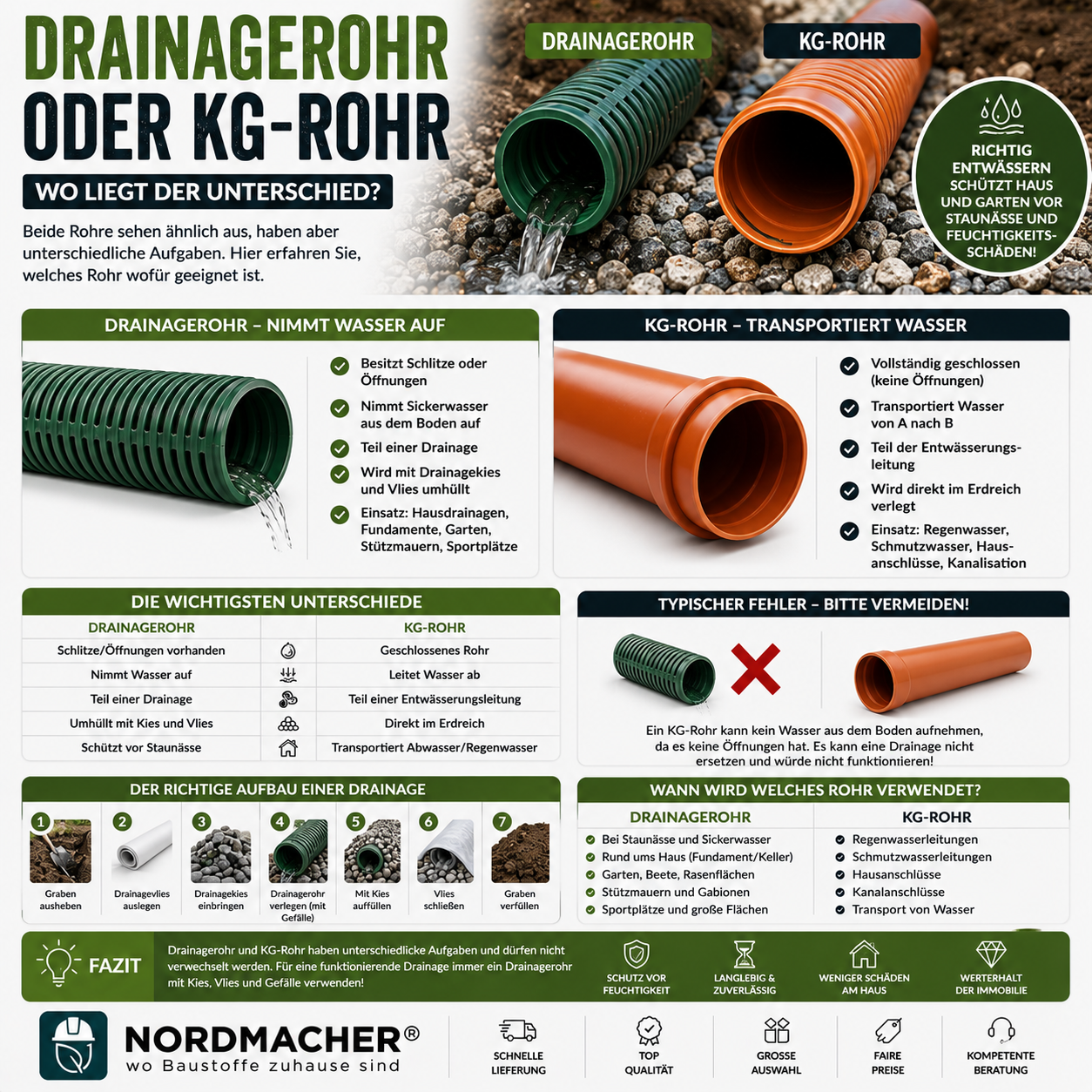 Drainagerohr und KG-Rohr im direkten Vergleich auf einer Baustelle