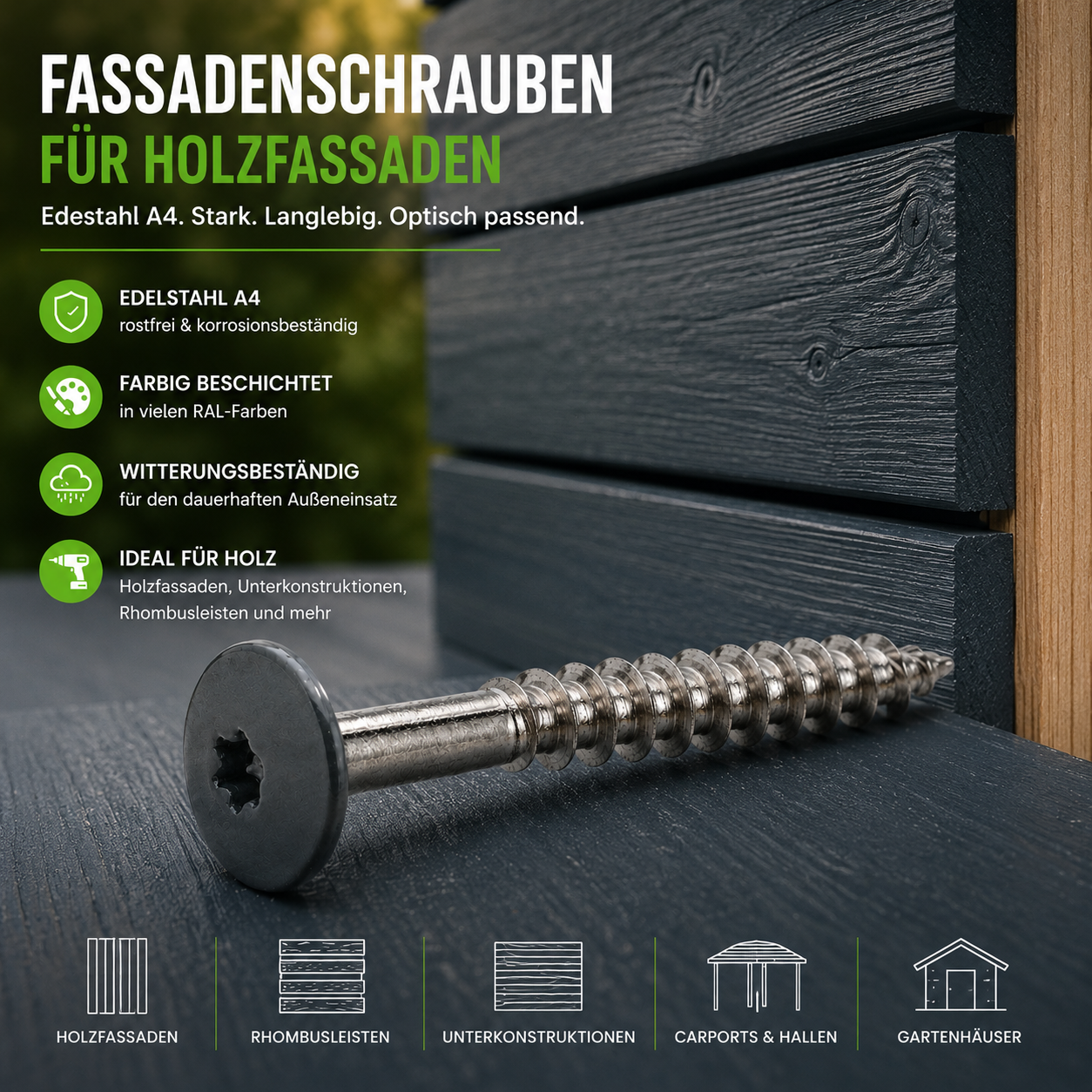 Fassadenschrauben aus Edelstahl A4 mit farbig beschichtetem Schraubenkopf für Holzfassaden, Profilbleche und Trapezbleche