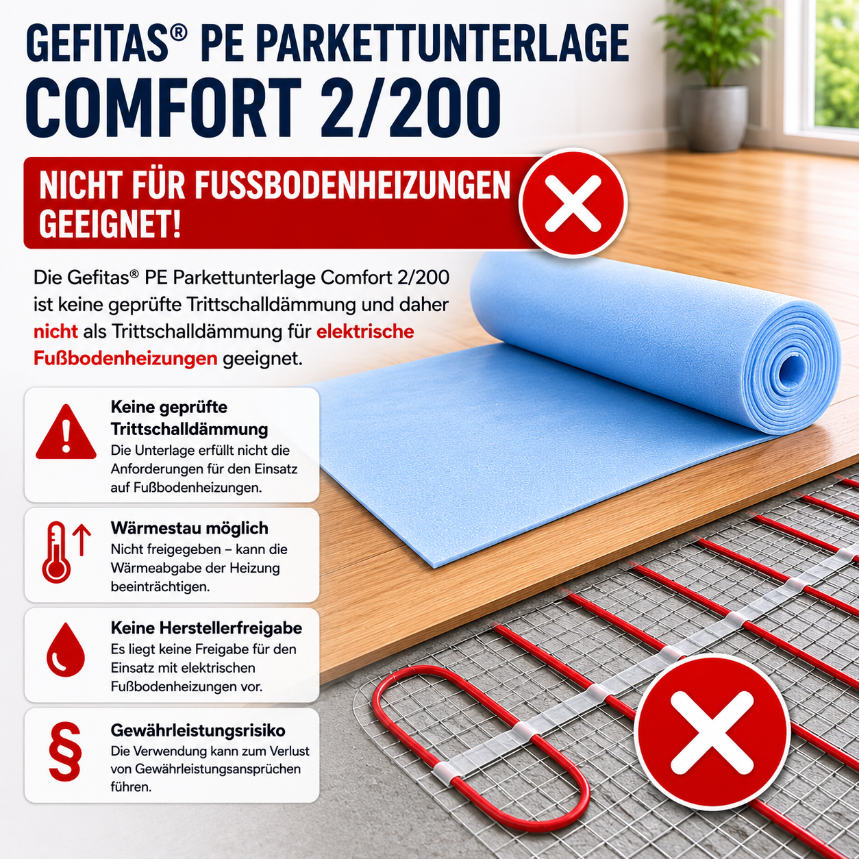Ist die Gefitas® PE Parkettunterlage Comfort 2/200 als Trittschalldämmung für eine elektrische Fußbodenheizung geeignet?
