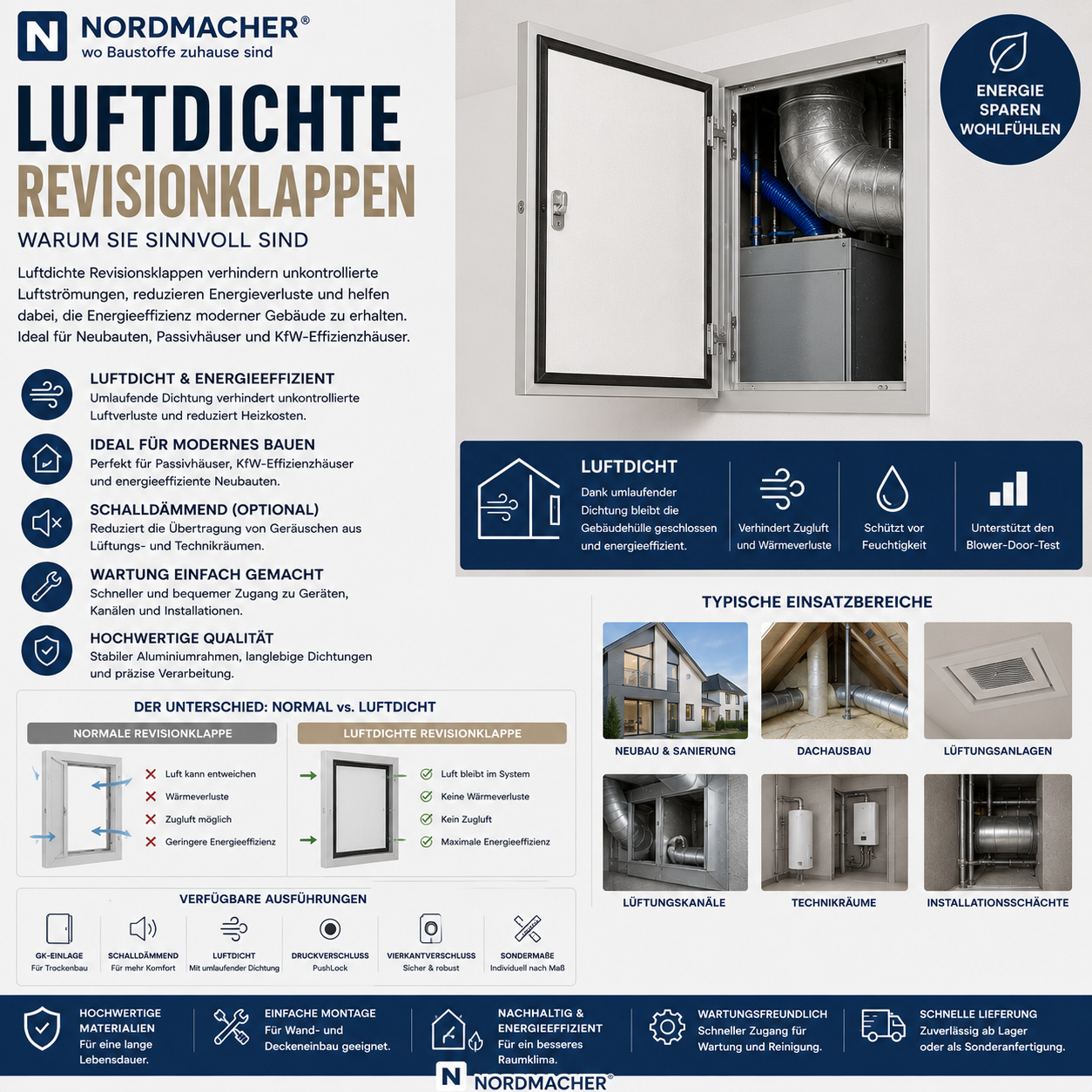 Luftdichte Revisionsklappe für Trockenbauwand und Decke mit umlaufender Dichtung