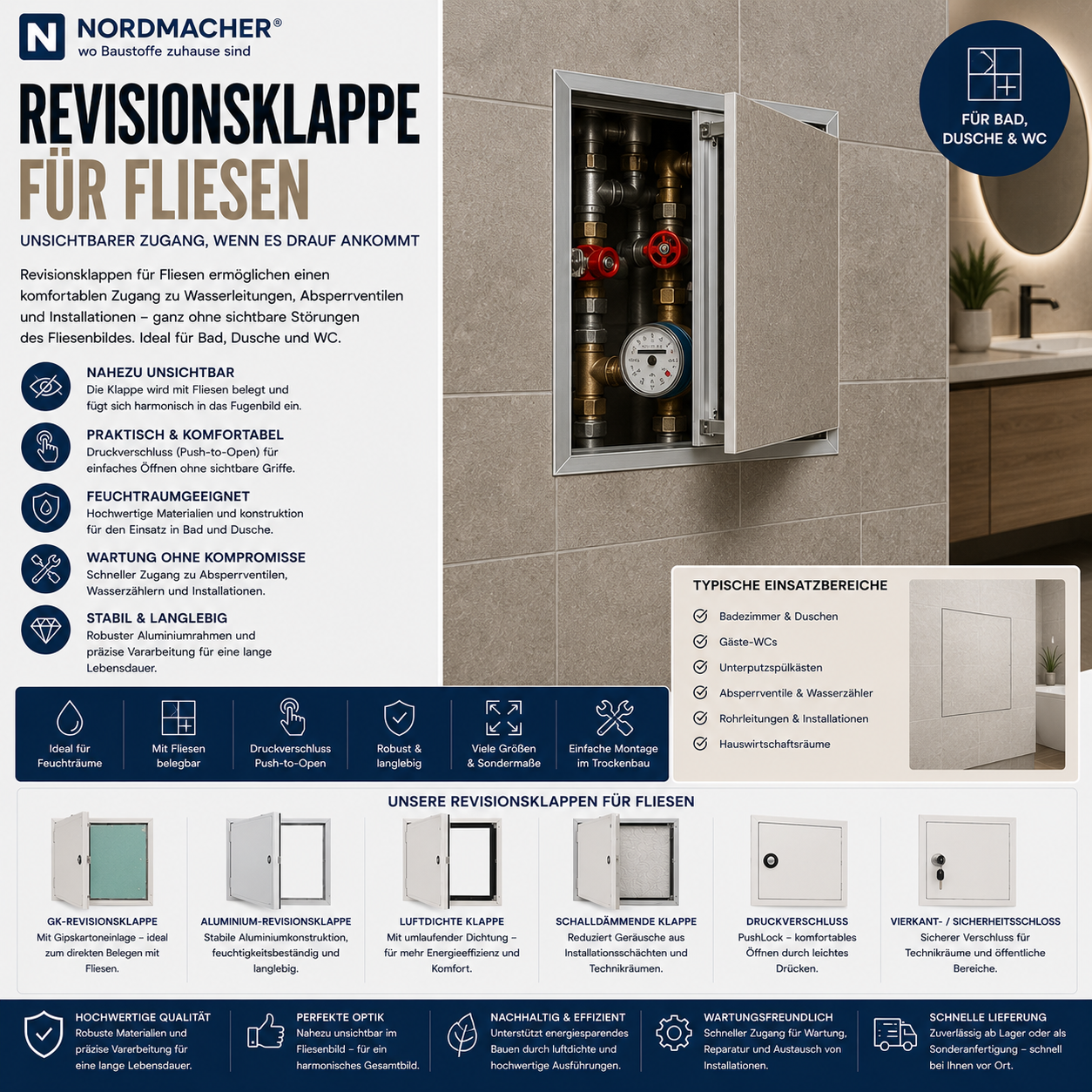 Revisionsklappe mit Fliesen für nahezu unsichtbaren Wartungszugang im Badezimmer