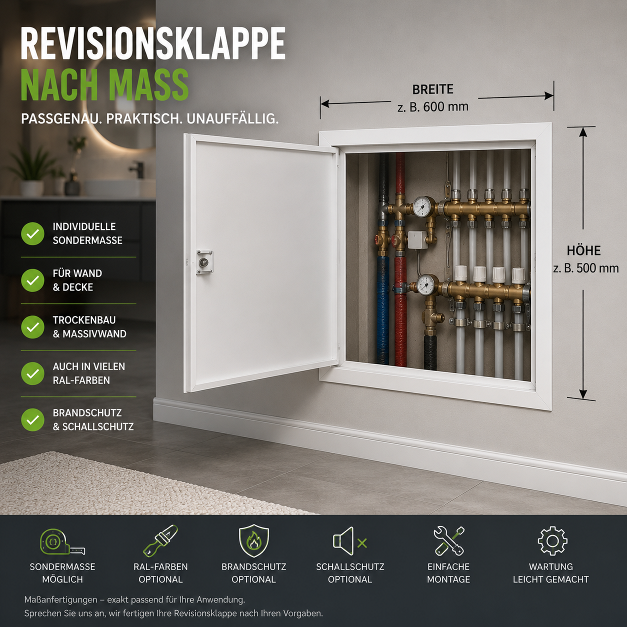 Maßgefertigte Revisionsklappe für Trockenbauwand und Installationsschacht im modernen Innenausbau