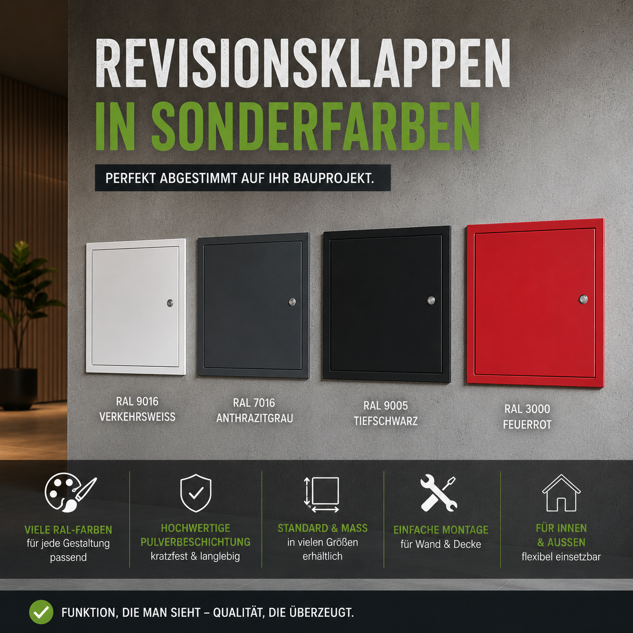 Revisionsklappe in Sonderfarbe nach RAL mit hochwertiger Pulverbeschichtung für moderne Innenräume und Fassaden