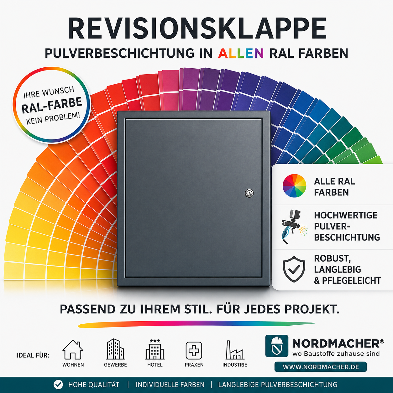 Pulverbeschichtete Revisionsklappen in verschiedenen RAL-Farben für Innen- und Außenbereiche
