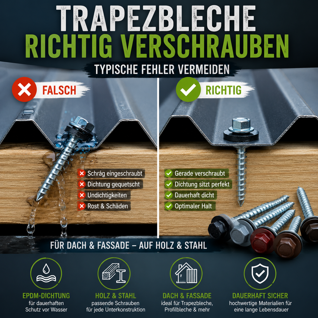 Montage eines Trapezblechs mit Profilblechschrauben auf einer Holzunterkonstruktion