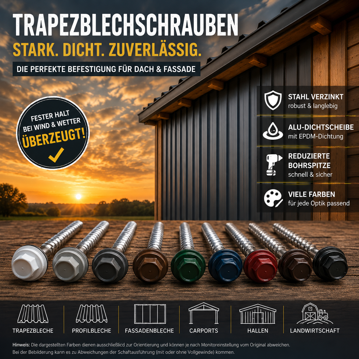 Trapezblechschraube mit EPDM-Dichtung zur Befestigung von Profilblechen und Fassadenblechen auf Holzunterkonstruktionen