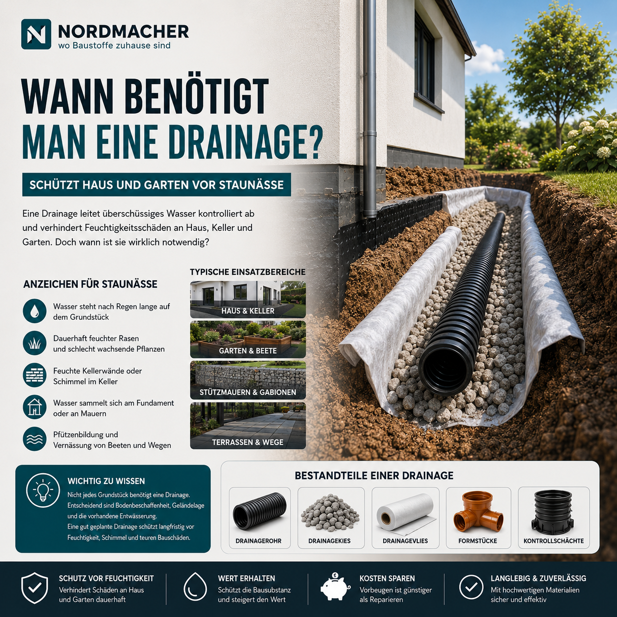 Drainagerohr mit Drainagekies und Drainagevlies schützt Haus und Garten vor Staunässe