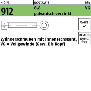 DIN 912 8.8 galvanisch verzinkt mit Gewinde bis Kopf (Vollgewinde) - Zylinderschrauben