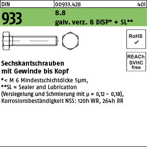 DIN 933 8.8 galvanisch verzinkt DiSP + SL gal Zink-Dispersion - Sechskantschrauben