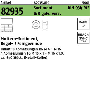 DIN 934 8 Sortiment Mutter. galvanisch verzinkt RG - M16 FG M10x1 - M16x1, 5 - Sortimente Muttern (Sortiment)