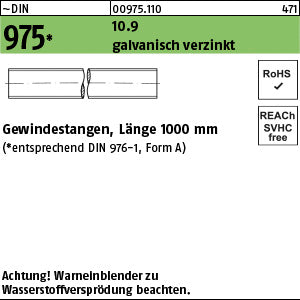 DIN 975 10.9 galvanisch verzinkt A2F, getempert - Gewindestangen - Länge 1,00 m