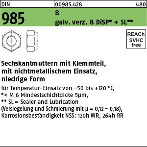 DIN 985 6-8 galvanisch verzinkt DiSP + SL gal Zink-Dispersion - Sechskantmuttern