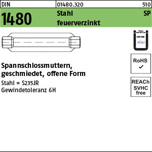 DIN 1480 Stahl ÜZ SP / 125 feuerverzinkt, Gewindetoleranz 6H feuerverzinkt - Spannschlossmuttern