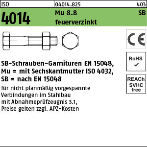 ISO 4014 8.8U CE Mutter feuerverzinkt SB nach EN 15048 feuerverzinkt - Sechskant.-Schraubengarnitur SB