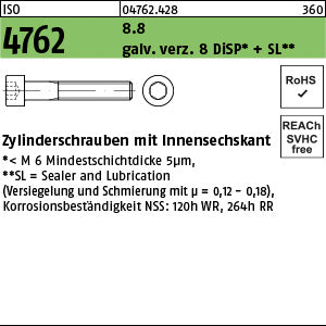 ISO 4762 8.8 galvanisch verzinkt DiSP + SL gal Zink-Dispersion - Zylinderschrauben