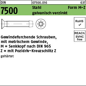 DIN 7500 Stahl gehärtet M Pozidriv/Kreuzschlitz galvanisch verzinkt - Gewindefurchende Schrauben