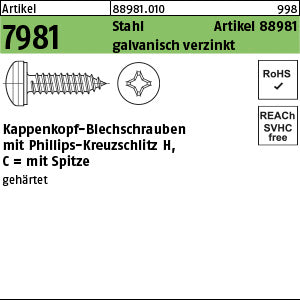 Kappenschr. ähnlich7981 Stahl galvanisch verzinkt Phillips/Kreuzschlitz - Kappenkopf-Blechschrauben