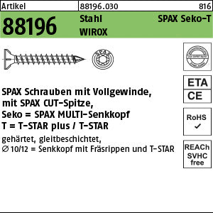 SPAX Senkkopf mit Fräsrippen und CUT-Spitze Stahl WIROX Torx galvanisch verzinkt (Senkkopf-Torx) (Vollgewinde)
