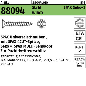 SPAX Stahl Pozidriv/Kreuzschlitz WIROX, Senkkopf galvanisch verzinkt (Senkkopf-Pozidriv)