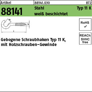 geb. Schraubenhaken Stahl Typ 11K 25 mm Kunststoff, weiß - Gebogene Schraubhaken