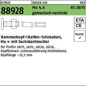 Halfenschrauben Typ 28/15 4.6 galvanisch verzinkt - Hammerkopf-Schrauben mit Mutter