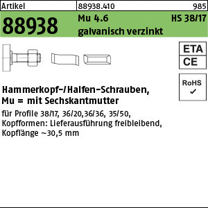Halfenschrauben Typ 38/17 4.6 galvanisch verzinkt - Hammerkopf-Schrauben mit Mutter
