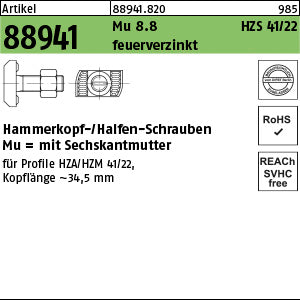 Halfenschrauben Typ HZS 41/22 8.8 feuerverzinkt - Hammerkopf-Schrauben mit Mutter