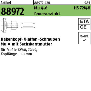 Halfenschrauben 4.6 Typ 72/48 feuerverzinkt - Hakenkopf-Schrauben mit Mutter