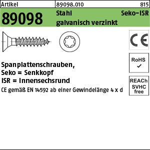 Spanplattenschrauben Senkkopf Stahl Torx galvanisch verzinkt (Senkkopf-ISR) (Vollgewinde) - Spanplattenschrauben