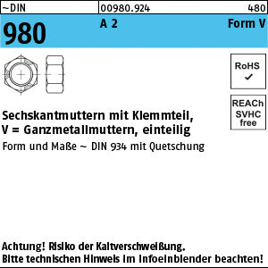 DIN 980 A2 V DIN 934 mit 3-Punkt-Quetschung - Sechskantmuttern