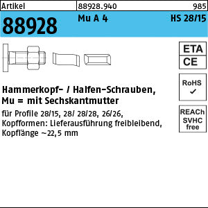 Halfenschrauben Typ 28/15 A4 - Hammerkopf-Schrauben mit Mutter
