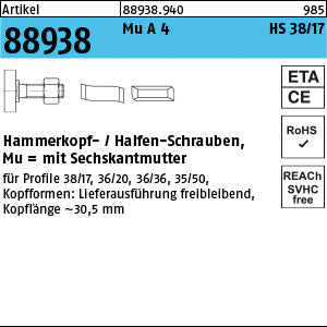 Halfenschrauben Typ 38/17 A4 - Hammerkopf-Schrauben mit Mutter
