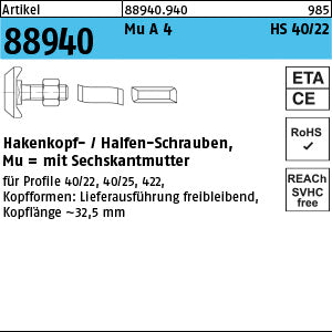 Halfenschrauben Typ 40/22 A4 - Hammerkopf-Schrauben mit Mutter