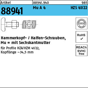 Halfenschrauben Typ HZS 41/22 A4 - Hammerkopf-Schrauben mit Mutter