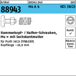 Halfenschrauben HZS 38/23 A4-70 Mutter - Halfenschraube