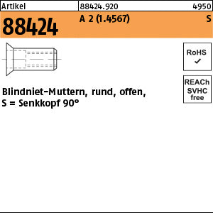 Blindniet-Mutter. A2 Senkkopf / 1, 5 - 3, 0 - Blindnietmuttern