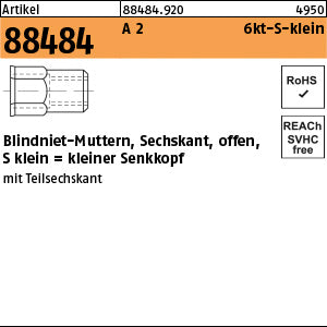 Blindniet-Mutter. A2 mit 6-kt kl.Senkkopf / 0, 5 - 2, 0 - Sechskant.-Blindnietmuttern