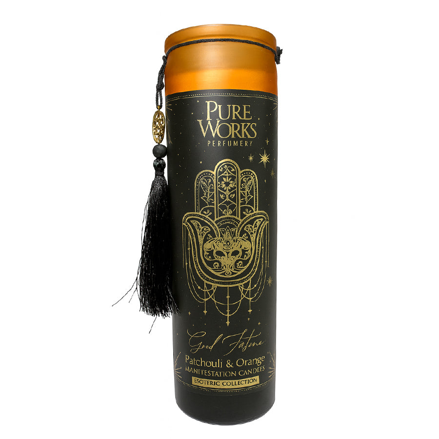 Manifestationskerze "Good Fortune" - im Glas mit Quaste - 300g