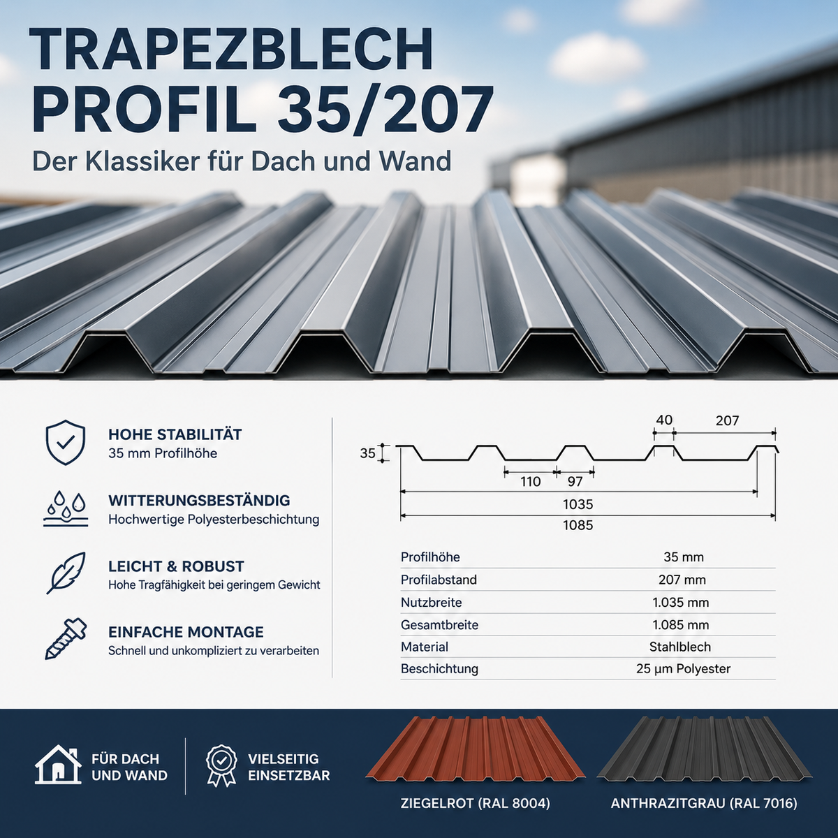 Trapezblech Profil 35/207 – Der Klassiker für Dach und Wand