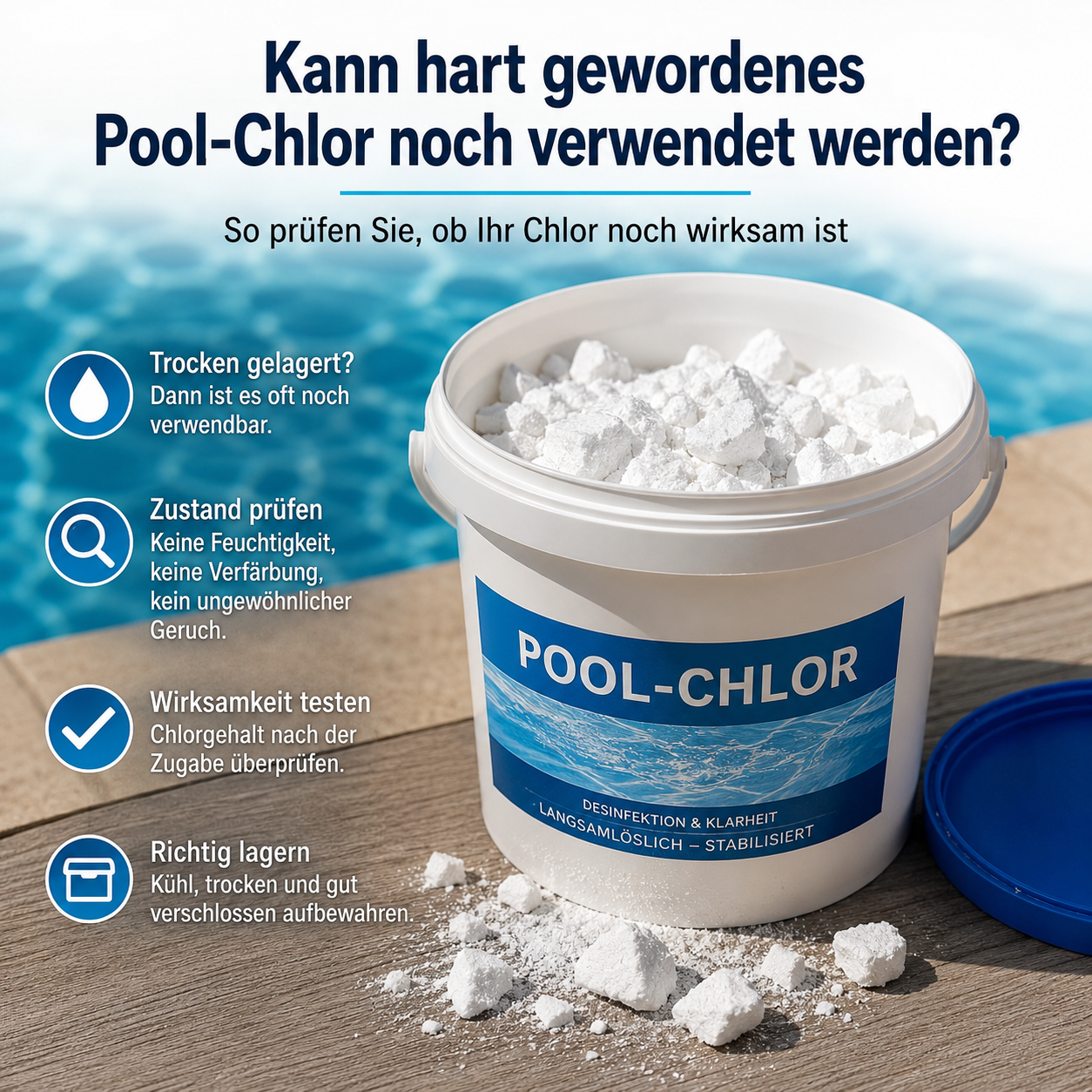 Hart gewordenes Pool-Chlor im Eimer – Verwendung und richtige Lagerung
