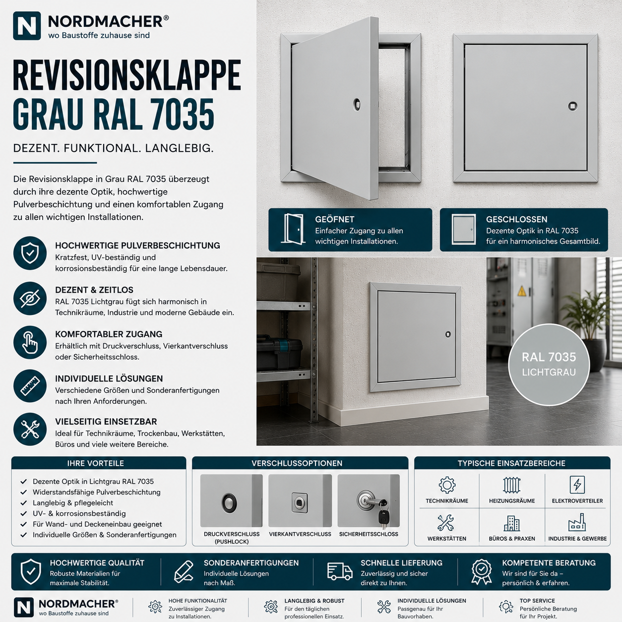 Lichtgrau pulverbeschichtete Revisionsklappe in RAL 7035 für Wand- und Deckeneinbau