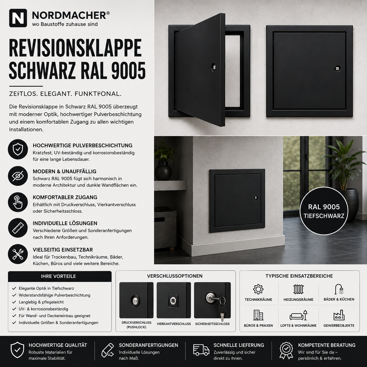 Schwarz pulverbeschichtete Revisionsklappe in RAL 9005 für Wand- und Deckeneinbau