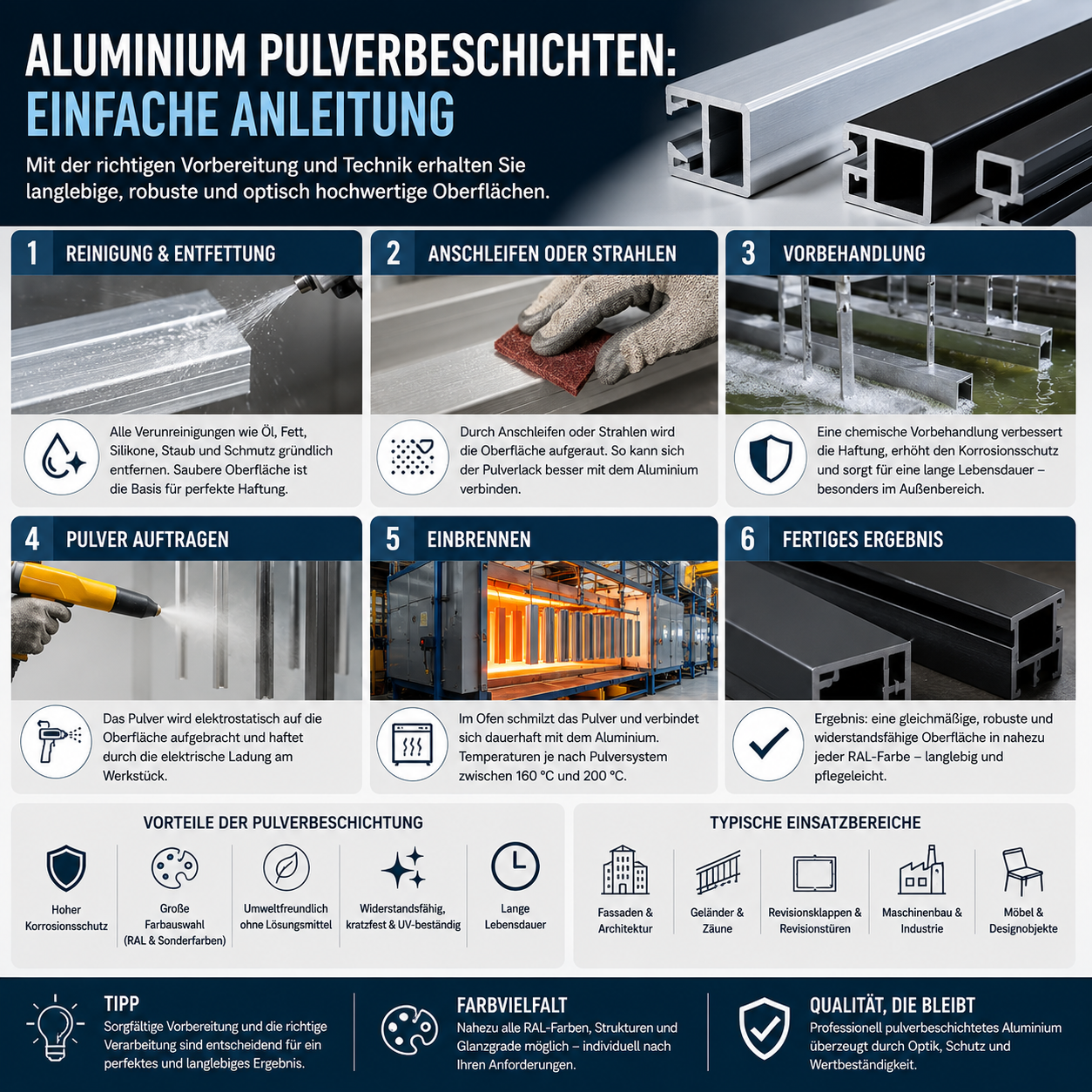 Aluminiumprofil vor und nach der Pulverbeschichtung in einer Beschichtungsanlage