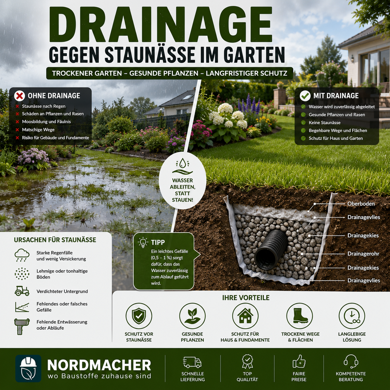 Drainagesystem schützt Garten und Rasen zuverlässig vor Staunässe nach starkem Regen