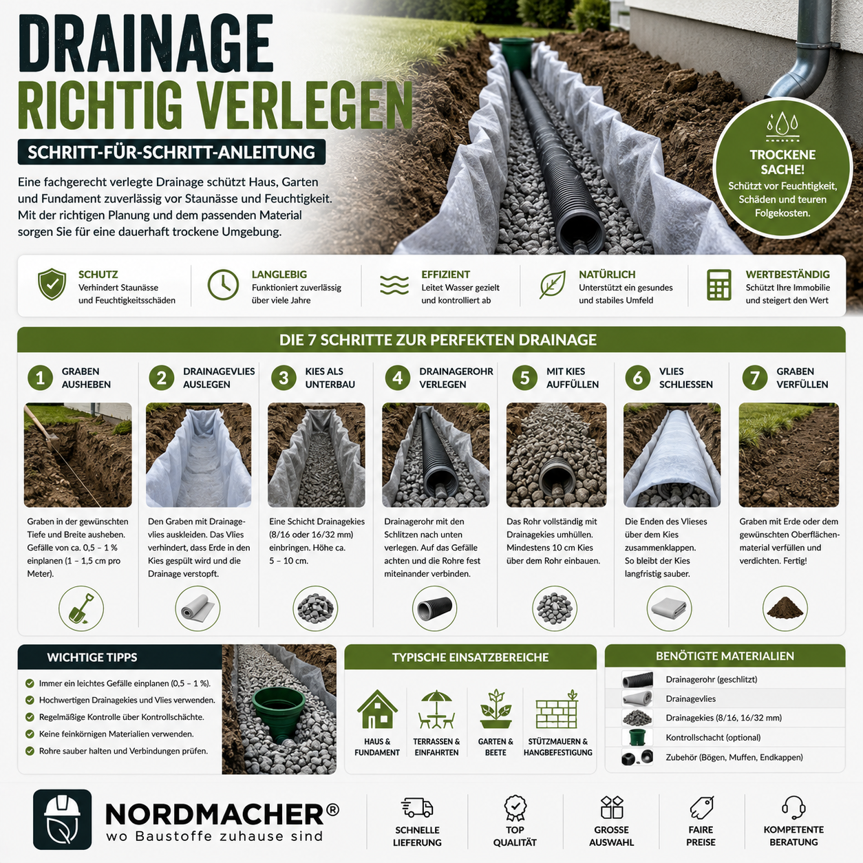Drainagerohr mit Drainagekies und Vlies beim fachgerechten Einbau neben einem Hausfundament