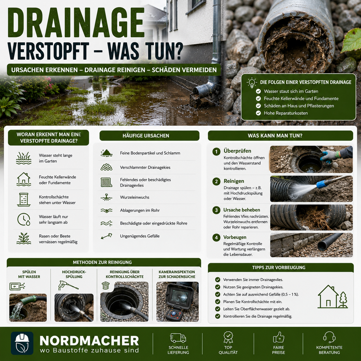 Verstopftes Drainagerohr mit Ablagerungen und Reinigung einer Hausdrainage