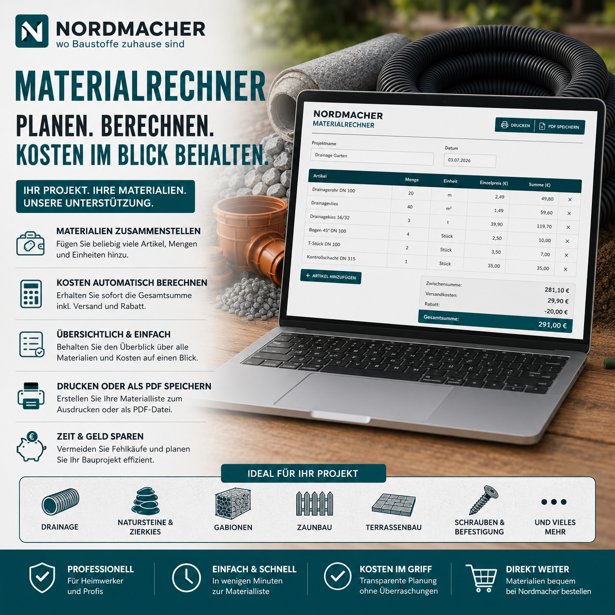 Materialrechner für Drainage, Natursteine und Gartenbau auf Nordmacher