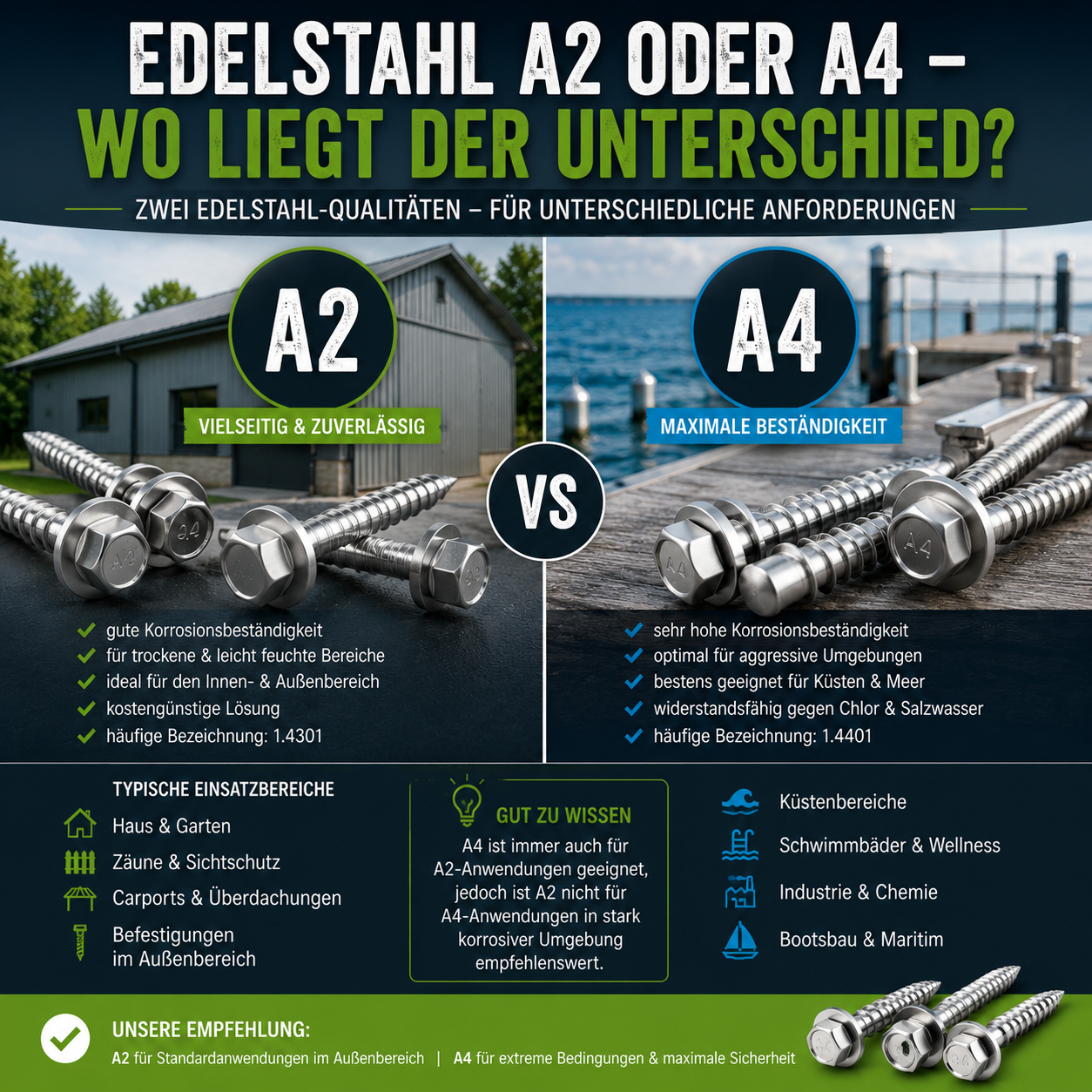 Vergleich von Edelstahlschrauben A2 und A4 für Holzfassaden, Terrassen und Außenbereiche